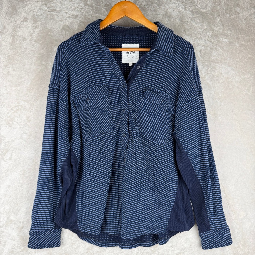 Aerie Women Small Navy Blue Striped Waffle Knit Oversized Button Down Shirt